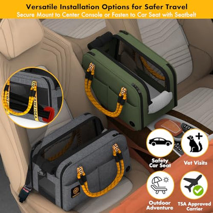 PAWZIDEA Center Console Dog Car Seat, Enclosed Small Dog Armrest Booster Carseat, Secure Straps &Anti Slip, Portable TSA Approved Puppy Pet Carrier Soft-Sided, Removable Pillow Storage Pocket, up 12lb - color: Mid-Hemp Grey