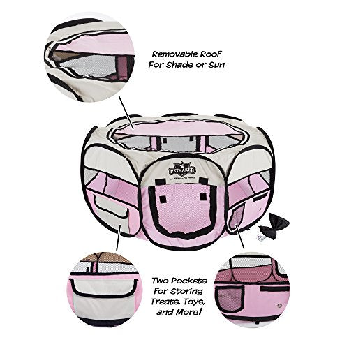 Portable Puppy Playpen - Small Pop-Up Play Yard for Pets Up to 25lbs with Mesh Windows, 2 Pockets, Zippered Roof, and Carry Bag by PETMAKER (Pink)