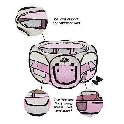Portable Puppy Playpen - Small Pop-Up Play Yard for Pets Up to 25lbs with Mesh Windows, 2 Pockets, Zippered Roof, and Carry Bag by PETMAKER (Pink)