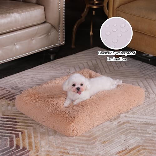 Bedfolks Plush Waterproof Dog Crate Bed, Removable Washable Cover, Faux Fur, Fluffy Kennel Bed 17"x12", Camel - color: Solid Camel, size: XX-Small(17x12'')