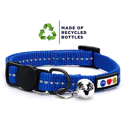 Pawtitas Recycled Blue Reflective Cat Collar – Eco-Friendly Breakaway Safety Buckle, Adjustable Kitten & Adult Collar with Removable Bell and High-Visibility Strap - color: Recycled Blue