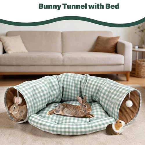 BWOGUE Bunny Tunnel Bed, 2-in-1 Collapsible Tunnel Tubes Toys with Removable Mat Hideout for Cats Kittens Rabbits Guinea Pigs Kitty (GreenPlaid) - color: GreenPlaid