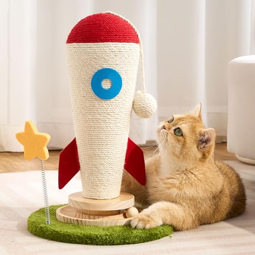 Cat Scratching Post, Rocket Cute Sisal Cat Scratcher with Durable Solid Wood Turntable Toy, Cat Scratch Post Red Cat Scratcher with Spinning Star Toy for Indoor Adult Cats - color: Red Rocket