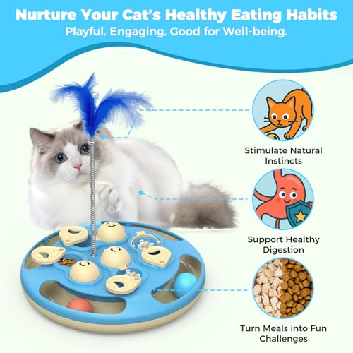 3 in 1 Cat Treat Puzzle Feeder, Level 3 Interactive Cat Puzzle Toy with Track Balls, Feather Teaser & Slow Feeder Insert, Non-Slip Base, Mental Stimulation for Bored Indoor Cats, Blue - color: Blue