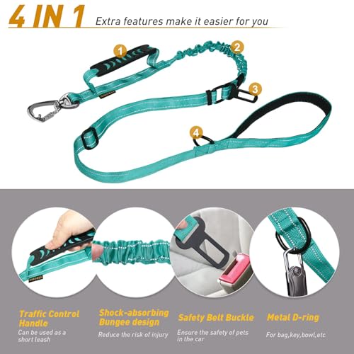 AUBELL Tactical Dog Leash Heavy Duty,4-6ft Reflective Strong No Pull Bungee Leash for Medium Large Dogs with Comfortable Padded Double Handle,Car Seat Belt,360 Degree Rotating Carabiner,Teal - color: M/L-Teal(4-6FT)