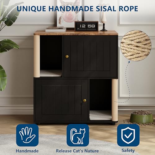 Garvee Cat Litter Box Enclosure for 2 Cats, Double Hidden Litter Box Furniture Cabinet with 2 Scratch Mat and Scratch Post, Modern Farmhouse Wooden Enclosed Cat Washroom, End Side Table