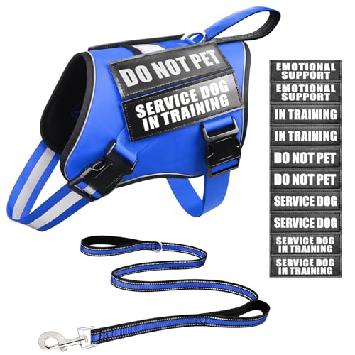 Service Dog Vest Harness and Leash Set+10 Patches,No Pull&Easy Walk Reflective Dog Harness with Soft Padded Handle for Training/Everyday,Fit Small/Medium/Large/Extra-Large Dogs (Blue S) - color: Blue, size: Small