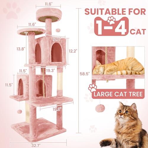 58.5inch Large Cat Tree Tower Condo for Indoor Cats, Soft Plush Multi-Level Climbing Tree Cat House with 1 360° Rotating Cat Cave, Scratching Post, More Entrance/Exit, Sisal Rope, Pink - color: Pink