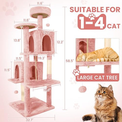 58.5inch Large Cat Tree Tower Condo for Indoor Cats, Soft Plush Multi-Level Climbing Tree Cat House with 1 360° Rotating Cat Cave, Scratching Post, More Entrance/Exit, Sisal Rope, Pink - color: Pink