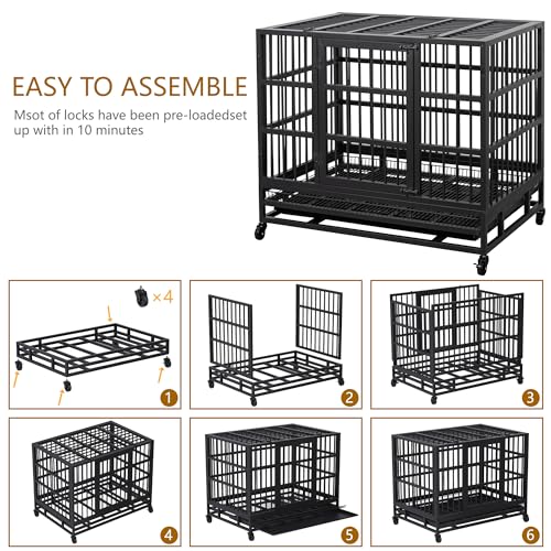 JY QAQA 38 Inch Heavy Duty Indestructible Dog Crate, Escape Proof Dog Cage Kennel with Lockable Wheels,High Anxiety Double Door Dog Crate, Xl Extra Large Crate Indoor for Large Dog with Removable Tray - size: 37.8"x 25.5"x 30.7"(L)