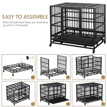 JY QAQA 38 Inch Heavy Duty Indestructible Dog Crate, Escape Proof Dog Cage Kennel with Lockable Wheels,High Anxiety Double Door Dog Crate, Xl Extra Large Crate Indoor for Large Dog with Removable Tray - size: 37.8"x 25.5"x 30.7"(L)