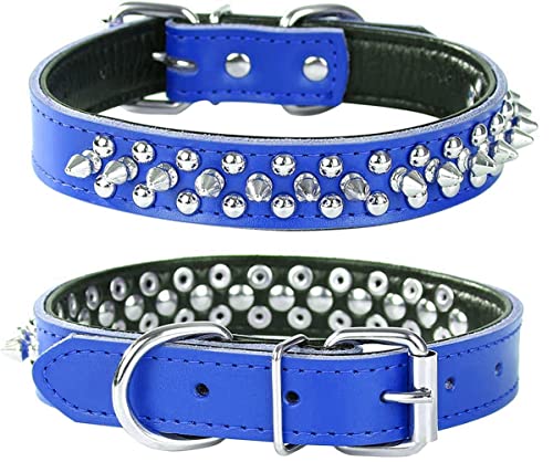 Spiked Studded Dog Collar, Genuine Leather Dog Collar, Adjustable Pet Collars for Small or Medium Pet (S, Dark Blue-2) - color: Dark Blue-2, size: S