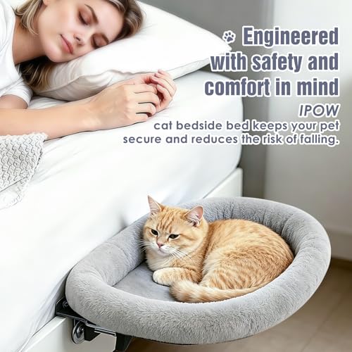 IPOW Heavy Duty Steel Frame 180°Rotating Cat Bedside Bed Semi-Circular Cat Bed for Bedside, Soft Faux Rabbit Fur Material, Suitable for Various Desktops-Maximum Hold Up to 40lb - color: gray