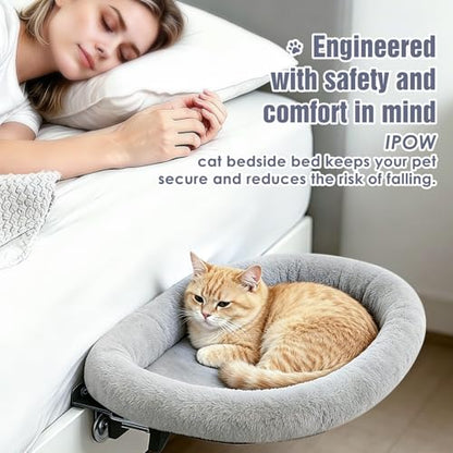 IPOW Heavy Duty Steel Frame 180°Rotating Cat Bedside Bed Semi-Circular Cat Bed for Bedside, Soft Faux Rabbit Fur Material, Suitable for Various Desktops-Maximum Hold Up to 40lb - color: gray