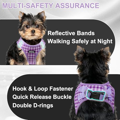AIITLE Medium Dog Harness – Breathable Mesh with Plaid Design & Dual D-Rings – Secure Fit for Camping, Hiking & Daily Adventures (L, Purple) - color: Purple, size: L