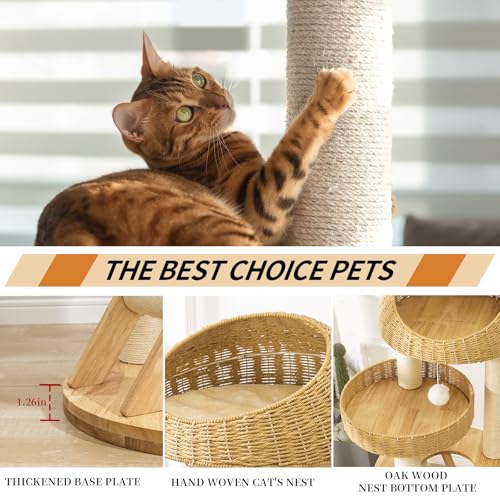 Big Modern Design Cat Tree Tower, Cat Tower Sisal-Covered Scratching Posts for Indoor Cats, Natural Oak Wood Cat Tree for Large Cats, Multi-Level Cat Condo with Sisal Staircase - color: DC999