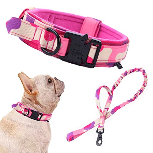 Tactical Dog Collar and Leash Set Adjustable Military Nylon Dog Collar with Control Handle and Heavy Duty Metal Buckle for Large Dogs（Pink Camo S - color: Pink Camo SET(collar+leash), size: Small (Pack of 1)