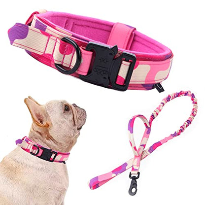 Tactical Dog Collar and Leash Set Adjustable Military Nylon Dog Collar with Control Handle and Heavy Duty Metal Buckle for Large Dogs（Pink Camo S - color: Pink Camo SET(collar+leash), size: Small (Pack of 1)