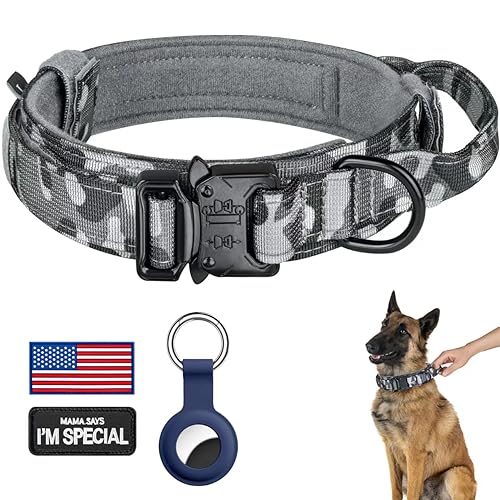 DAGANXI Tactical Dog Collar, Adjustable Military Training Nylon Dog Collar with Control Handle and Heavy Metal Buckle for Medium and Large Dogs, with Patches and Airtags Case (XXL, Camo) - color: Camo, size: XXL