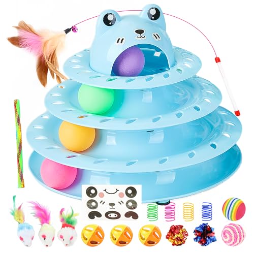 17 Pack Cat Toys, 4-Level Turntable Ball Track Interactive Cat Toy for Indoor Cats, Self Play Fun Roller with Colorful Rotating Ball Puzzle Exercise Kitten Toys Set - color: Light Blue