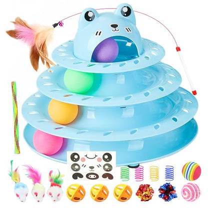 17 Pack Cat Toys, 4-Level Turntable Ball Track Interactive Cat Toy for Indoor Cats, Self Play Fun Roller with Colorful Rotating Ball Puzzle Exercise Kitten Toys Set - color: Light Blue