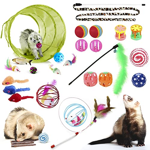 SunGrow Cat Tunnel and Assorted Activity Variety Pack, Interactive Kitten Accessories, for Indoors, Teaser Wand, Crinkle Balls, Bell Set, etc. (Assorted Toys, 30 Pieces)