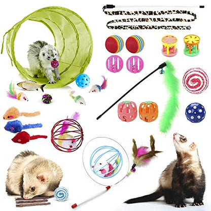 SunGrow Cat Tunnel and Assorted Activity Variety Pack, Interactive Kitten Accessories, for Indoors, Teaser Wand, Crinkle Balls, Bell Set, etc. (Assorted Toys, 30 Pieces)