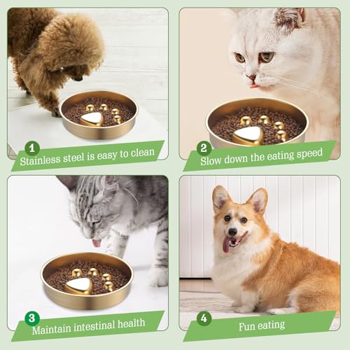 Golden Stainless Steel Slow Feeder Dog Bowls – Non-Slip Metal Dog Bowl for Large & Medium Breeds, Puppy Puzzle Feeder – 2 Cup Capacity for Small to Big Pets – Durable Slow Feed Dog & Cat Food Dish - color: Paw-Golden