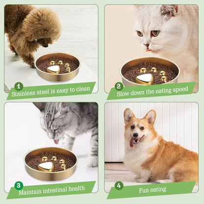 Golden Stainless Steel Slow Feeder Dog Bowls – Non-Slip Metal Dog Bowl for Large & Medium Breeds, Puppy Puzzle Feeder – 2 Cup Capacity for Small to Big Pets – Durable Slow Feed Dog & Cat Food Dish - color: Paw-Golden