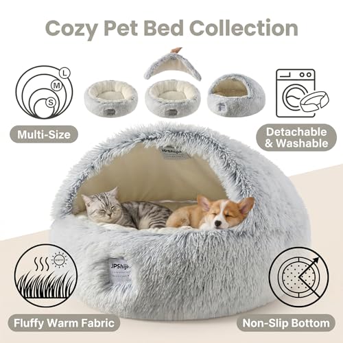 Hooded Dog Bed, Cat Cave Bed with Removable Hood, 2-in-1 Convertible Donut Cat Bed, All Season Fluffy Pet Bed for Cats Small Dogs (Cave Nest - Grey, Large Size 23.6 in) - color: Cave bed - Grey, size: 23.6 in Large size