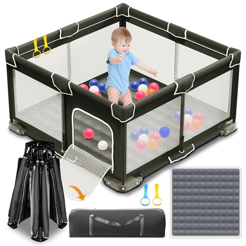 ICAREWAY Foldable Playpen for Babies and Toddlers, 50x50 Inches Portable Playpen, Kids Collapsible Play Pen with 2 Handlers, Indoor & Outdoor Baby Fence Play Area with Visible Mesh, Black - color: Black, size: 50"x50"