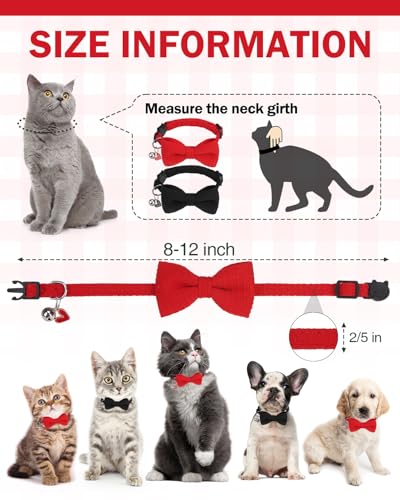 Cat Collar Breakaway with Bells, Soft Cotton Red Cat Bowtie Collar for Girl Cats, Small Cats Collar with Bow for Spring Summer, 2 Pack Cute Kitten Collars with Removable Bowtie 8-12Inch - color: Black + Red