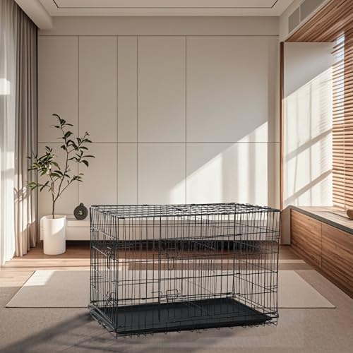 48 Inch Dog Crates for Large Dogs Folding Dog Cage Metal Wire Crates Portable Pet Kennels Outdoor and Indoor Pet Dog Cage Crate with Double-Door, Divider Panel, Removable Tray, Black