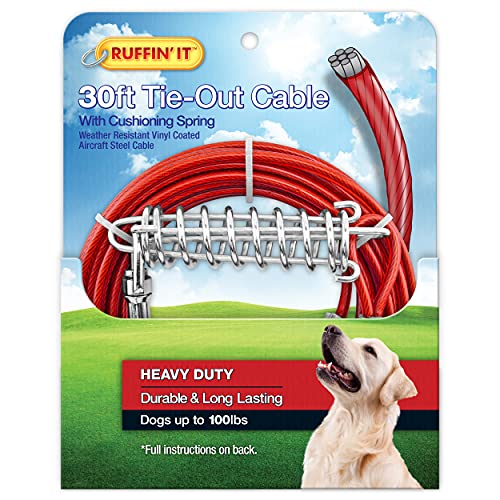 Ruffin' IT Heavy Duty 30 ft. Cable Tie-Out for Dogs, 1700# Strength for Dogs Up to 100 lbs., 30ft Cable, Mutli