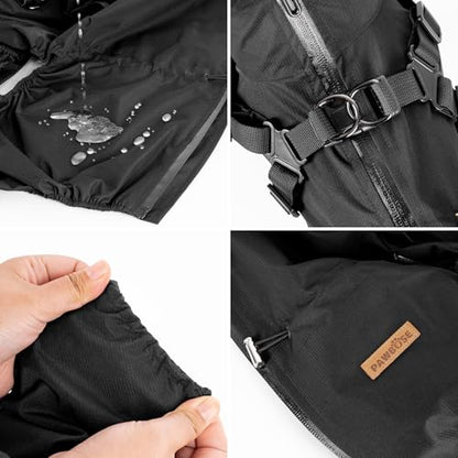 PAWBOSE Dog Raincoat with Harness for Medium and Large Dogs, Adjustable Waterproof Dog Rain Jacket,Reflective Rainproof Puppy 4 Legs Raincoat-Black,XL