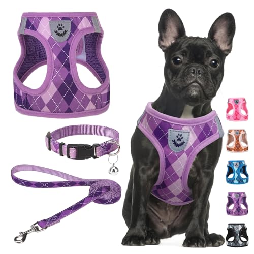 SCENEREAL Small Dog Harness and Leash Collar Set, Step in No Pull Soft Mesh Dog Harnesses for Small Medium Sized Dogs Puppy and Cats Outdoor Walking, No Chock Reflective Vest Harness, Purple Plaid M - color: Purple, size: M: Chest Girth: 16"-18"