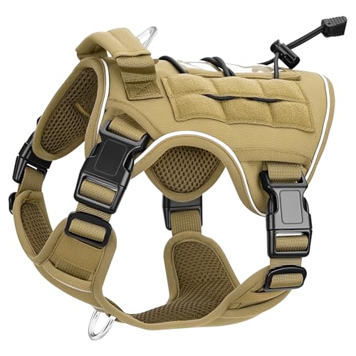 Heavy-Duty Tactical Dog Harness for Large Dogs, No Pull Adjustable Reflective Pet Vest with Molle System, K9 Military-Grade Control for Service Training, Outdoor & 10+ Breeds, Khaki, Small - color: Khaki, size: S: Neck: 14-19'', Chest: 20-26''