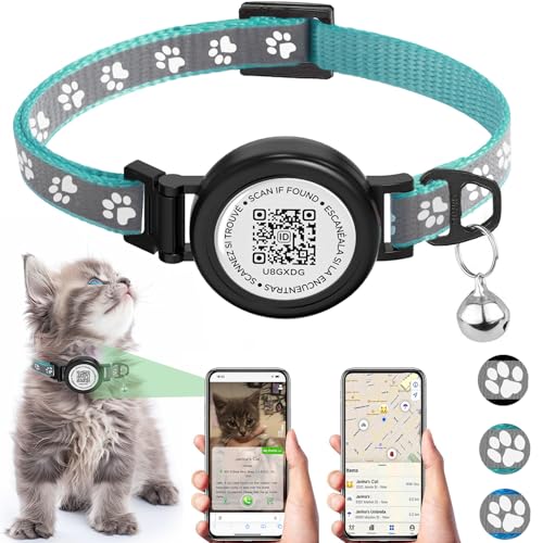 Waterproof Cat Collar with QR TAG & Reflective, Footprints Pattern, Lightweight Kitten Collar for Apple Tag, Hidden GPS Tracker Holder for Cats, Kittens (Teal) (7-12")
