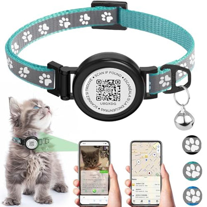 Waterproof Cat Collar with QR TAG & Reflective, Footprints Pattern, Lightweight Kitten Collar for Apple Tag, Hidden GPS Tracker Holder for Cats, Kittens (Teal) (7-12")