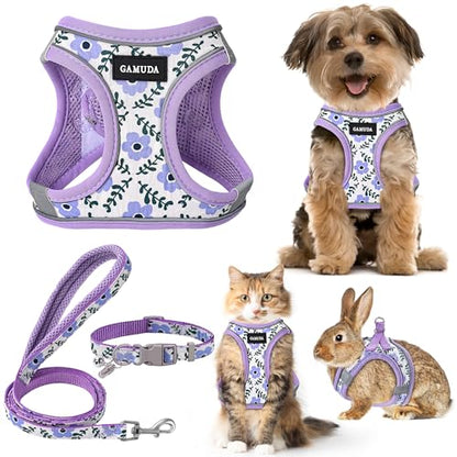 Small Dog Harness Collar and Leash Set, Step in No Chock No Pull Soft Mesh Adjustable Dog Vest Harnesses Plaid Reflective for Dogs Puppy Cats Kitten Rabbit (Purple Flower, XS) - color: Purple Flower, size: XS