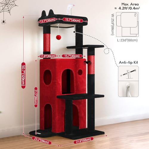 Globlazer Gothic Cat Tree Tower for Indoor Cats, 50-inch Goth Adult Cat Tree House for Large Adult Cats with Steps, Scratching Post, 2 Cat Caves, Dangling Toys, FC50, Blood-Goth - color: Gothic