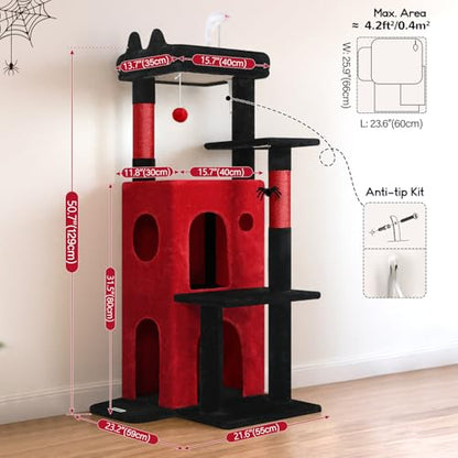 Globlazer Gothic Cat Tree Tower for Indoor Cats, 50-inch Goth Adult Cat Tree House for Large Adult Cats with Steps, Scratching Post, 2 Cat Caves, Dangling Toys, FC50, Blood-Goth - color: Gothic