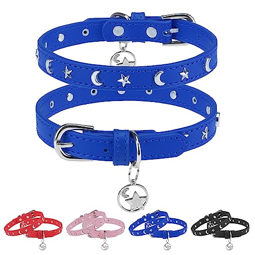 Leather Dog Collar for Puppy Small Medium Dogs, Adjustable Star and Moon Studded Pet Collars with Rust-Proof Metal Buckle and Charms, XS S Dog Collars for Boy and Girls, Size 11-14" Blue - color: Blue, size: Small (11"-14", Pack of 1)