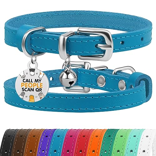 Leather Cat Collar with Removable Bells Non Breakaway Kitten QR Tag for Girl Boy (9" - 12" Cats/Mini Dogs, Blue & Silver) - color: Blue & Silver, size: 9 - 12 inch