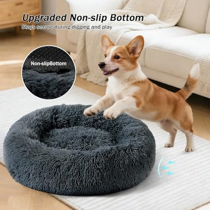 Calming Donut Dog Bed for Small to Medium Dogs & Cats - Plush Faux Fur Anti-Anxiety Pet Bed with Machine Washable Cover & Non-Slip Base - color: Dark gray, size: X-Small 15.7''