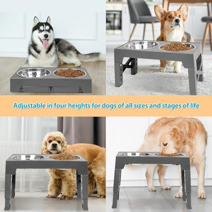 Niubya Elevated Dog Bowls with 2 Stainless Steel Dog Food Bowls, Raised Dog Bowl Adjusts to 5 Heights (3.15", 8.66", 9.84",11.02", 12.2") for Small Medium and Large Dogs - color: Grey
