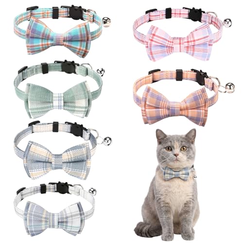 Ngdhkd 6 Pcs Cat Collar Breakaway with Bow Tie and Bell Kitten Collars Removable Bowtie Plaid Cat Collar for Cats Kittens Puppy (Sweet) - style: Sweet