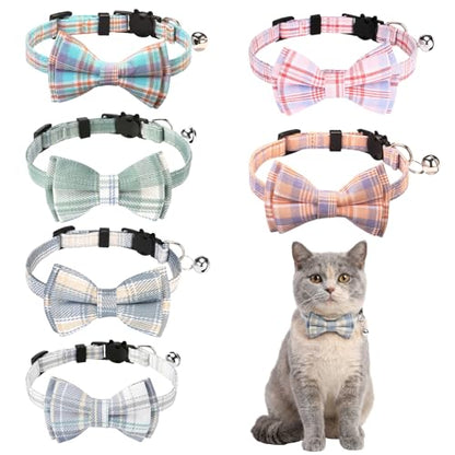 Ngdhkd 6 Pcs Cat Collar Breakaway with Bow Tie and Bell Kitten Collars Removable Bowtie Plaid Cat Collar for Cats Kittens Puppy (Sweet) - style: Sweet