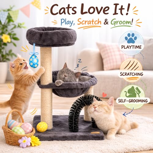 Simple Deluxe 27.8" Small Cat Tree with Easter Eggs,Multi-Level Cute Cat Tree with Scratching Post| Plush Hammock| Perch| Random 3 Pcs Easter Eggs| Groomer Brush for Kittens Play & Rest - color: Smoky Gray & Easter Eggs