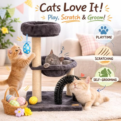 Simple Deluxe 27.8" Small Cat Tree with Easter Eggs,Multi-Level Cute Cat Tree with Scratching Post| Plush Hammock| Perch| Random 3 Pcs Easter Eggs| Groomer Brush for Kittens Play & Rest - color: Smoky Gray & Easter Eggs